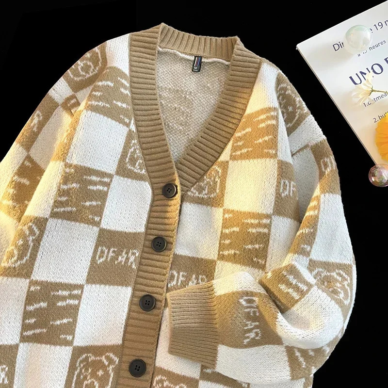 Mens Autumn Vneck Knitted Cardigan Plaid Cartoon Print Sweater Coat Men Comfortable Loose Casual 250528
