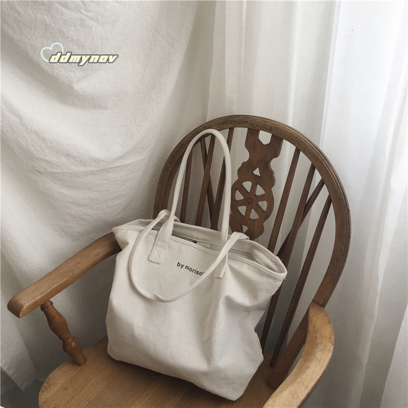 Korean New Versatile Large Capacity Letter Zipper Canvas Minimalist Style Women's Shoulder Casual Tote Bag ddmynov