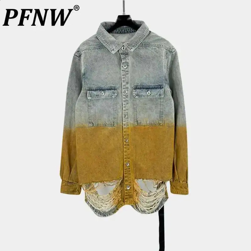 PFNW Darkwear High Quality Denim Jacket Mens Gradient Colorblocking Distressed Oversized Washed Outerwear Coat Top 28W5674 250529