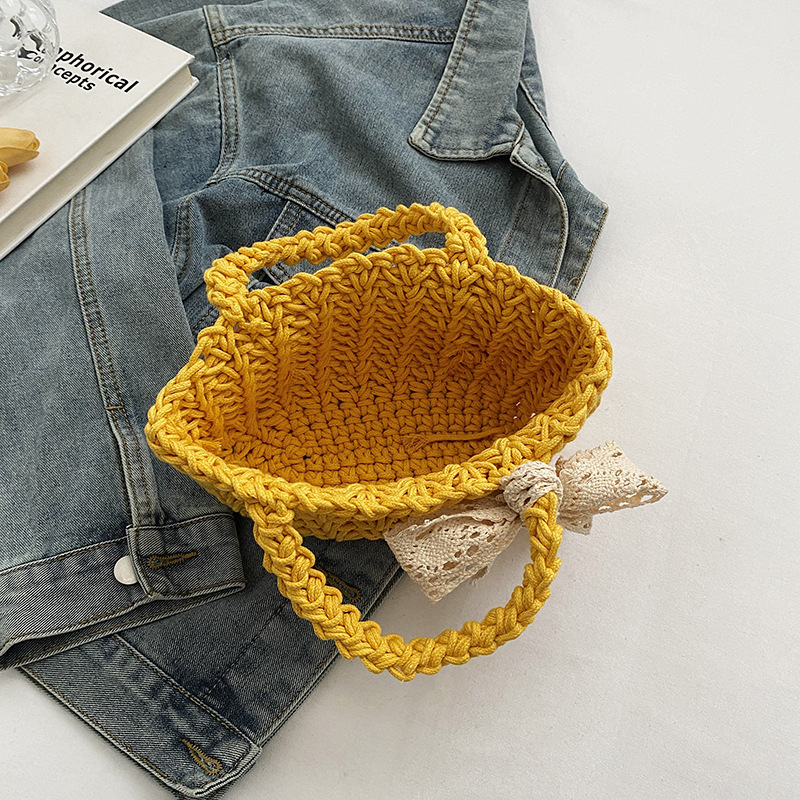 designer Summer Straw Woven Bag for Women, Stylish Bowknot Handheld Bucket Bag, Trendy Fashion Scarf Beach Vacation Woven Bag