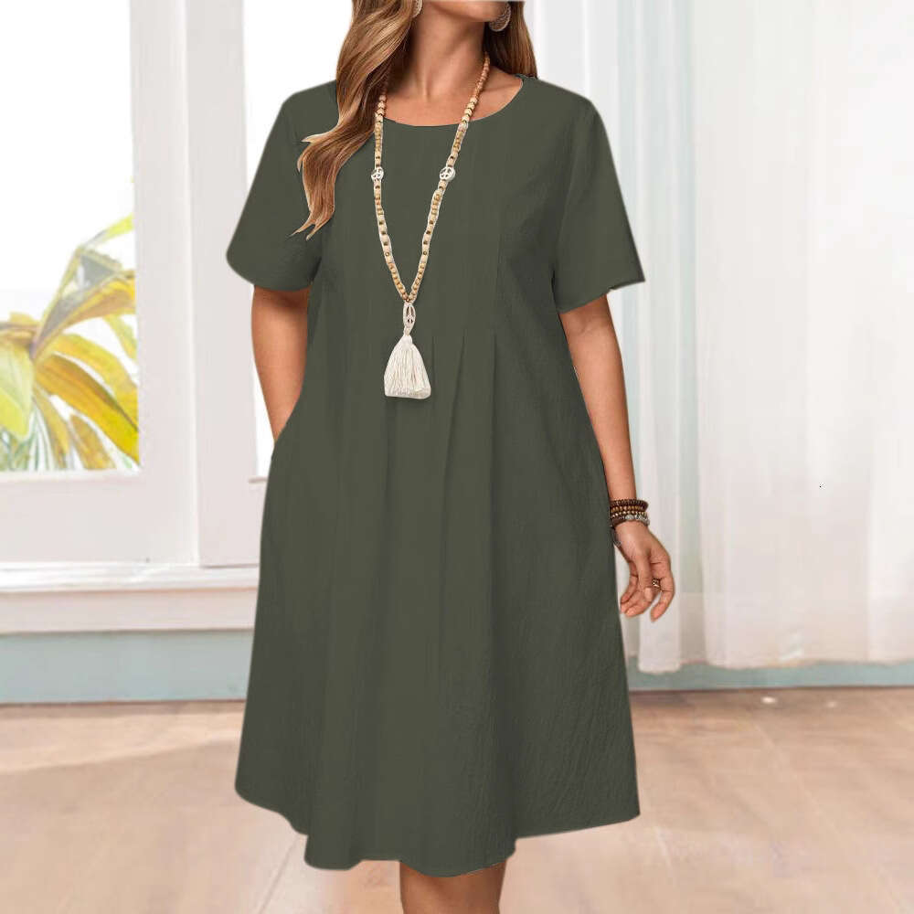Spring Summer Loose Pocket Solid Color Round Neck Women's Cotton Linen Dress B5 b6