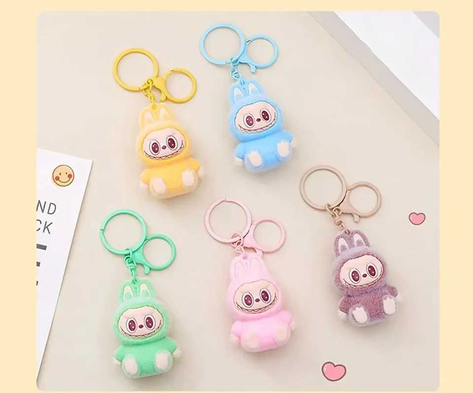 Sitting Labubu Doll Keychain External Implantation Fluff PVC Toy Phone Ornaments Bag Charms Car Keychain Gifts XJ250602