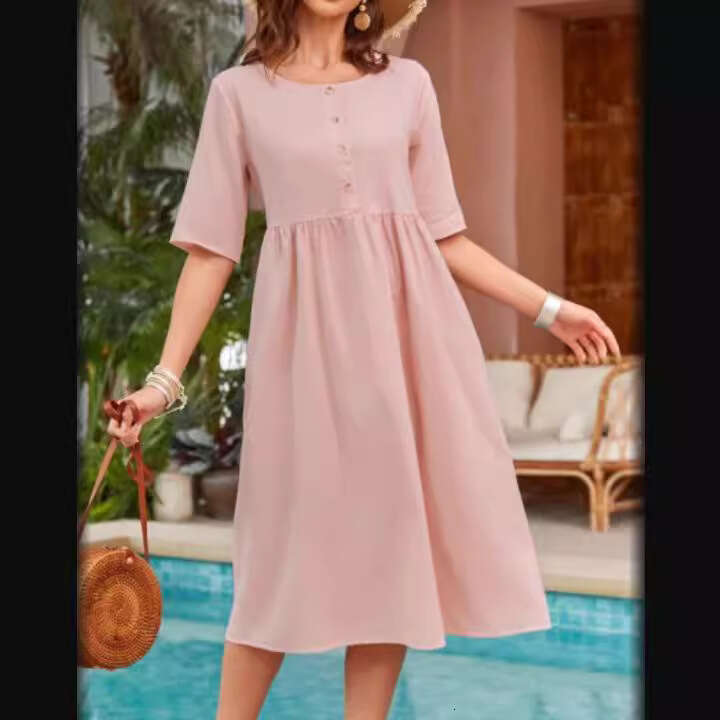 Spring Summer Cotton Linen Round Neck Loose Casual Solid Color Pocket Dress B5