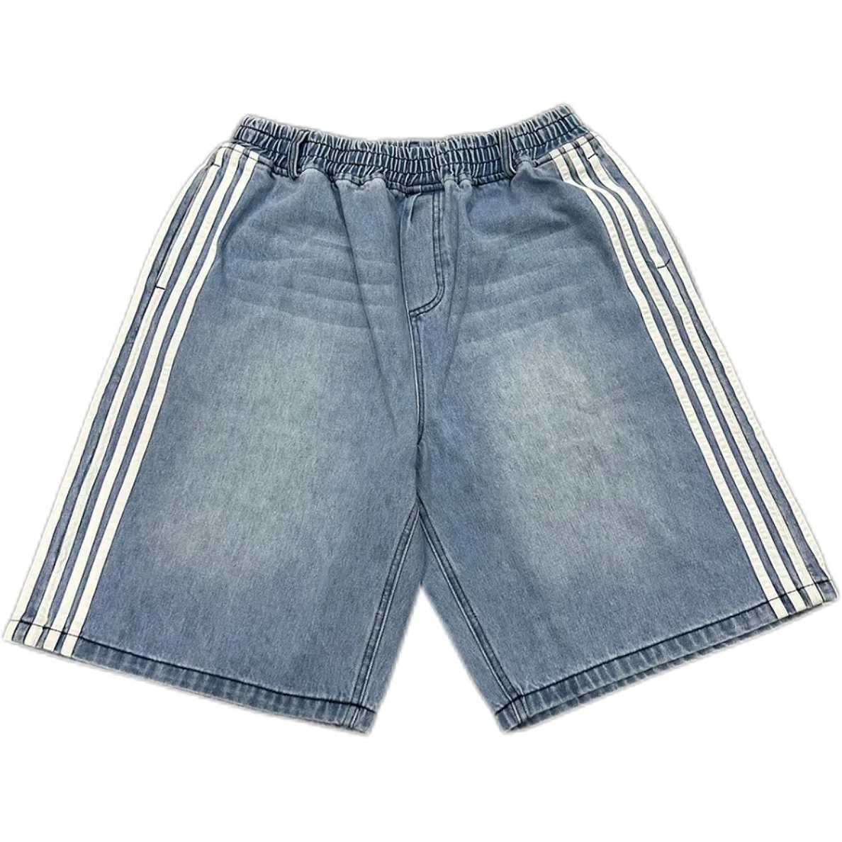 Summer New Casual Denim Shorts Y2K Side Striped Pattern Shorts Men Street Retro Harajuku Hip Hop Loose High Waist Sports Shorts T250603