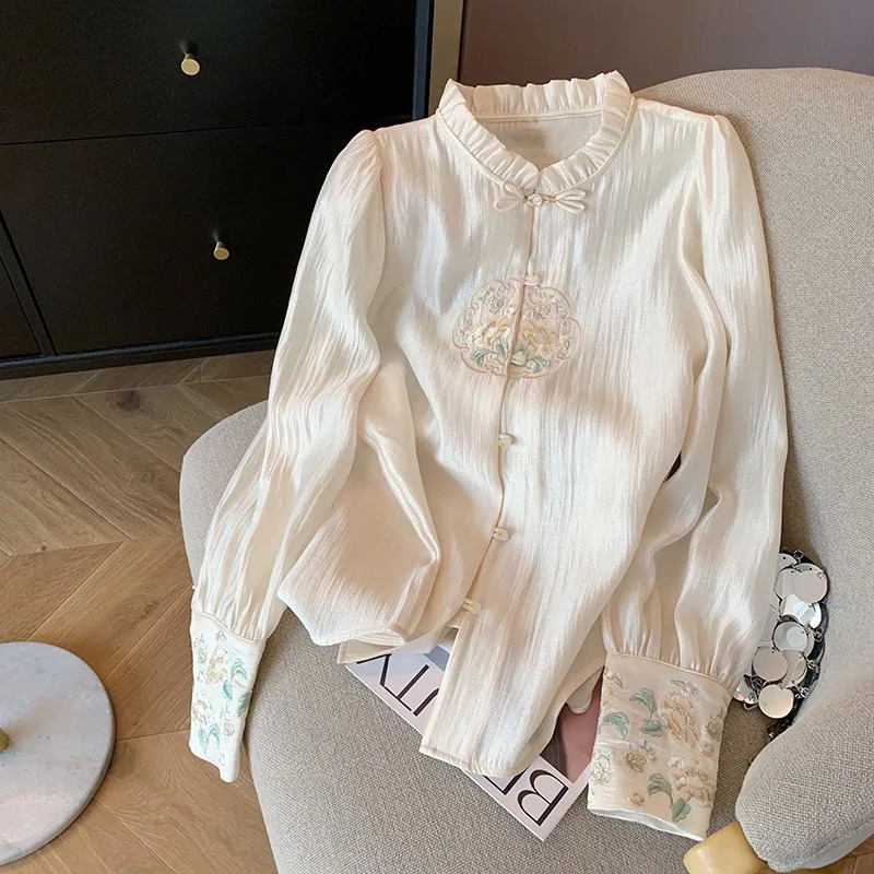 Satin Chinese Style Womens Shirt Embroidery Vintage Blouses Silk Fashion Clothing Loose Long Sleeves Women Tops 250603