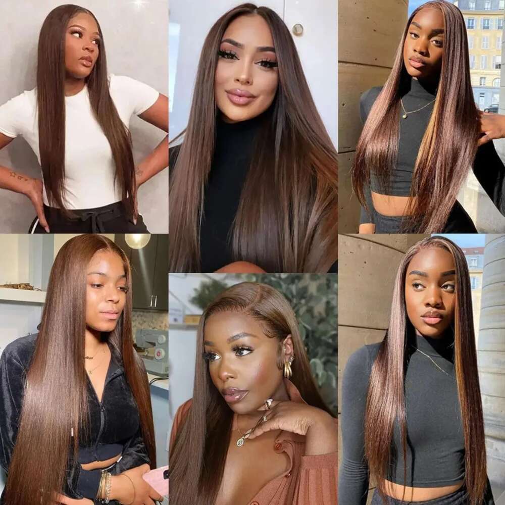 4# 13x6 Human Hair Chocolate Brown Straight HD Lace Frontal Wigs For Women