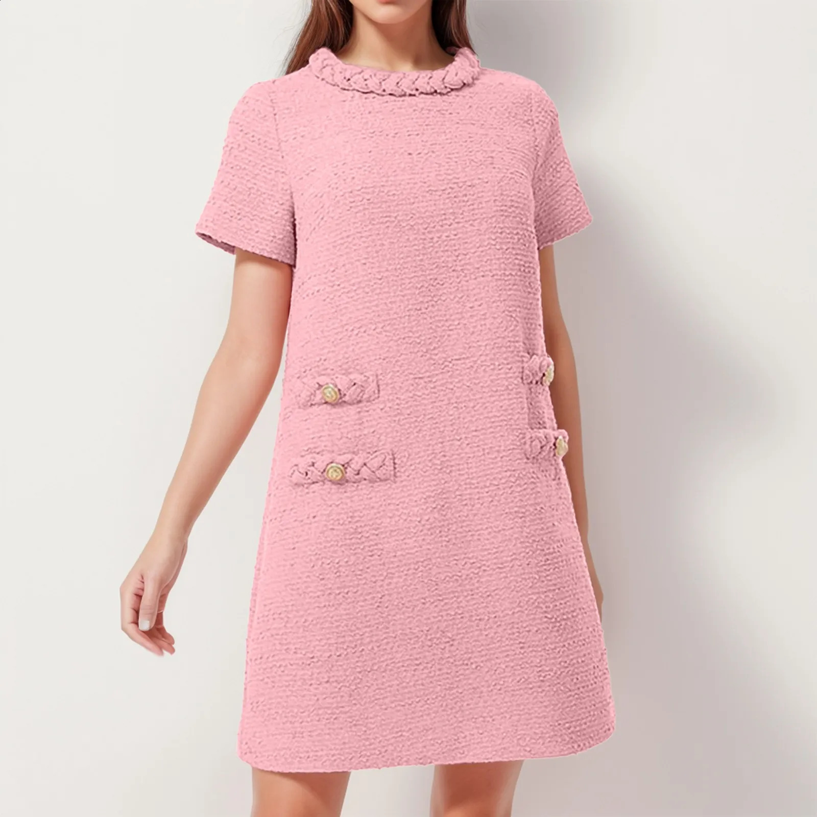 Women Sweet French Style Short Dresses Elegant Tweed Solid Color Button Up Pullover Midi Dress Office Lady Short Formal Dresses 250529
