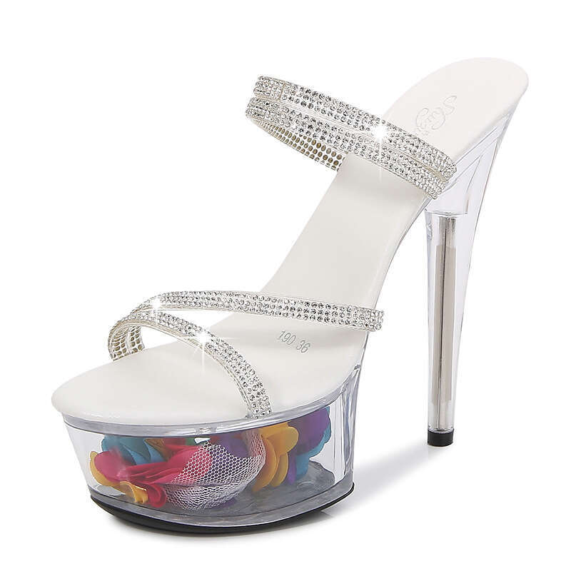 Super High Heels Sexy High Heels 13Cm 15Cm Rhinestone Strap Two-Way Thin Heel Waterproof Platform Sandals Transparent Crystal Wedding Shoes Platform H