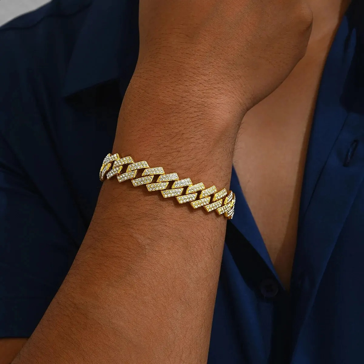 Hip Hop Cuban Bracelet For Men Full Shiny Crystal Stone Wide Gold Color Brcelet Box Clasp Fashion Statement Jewelry 250530