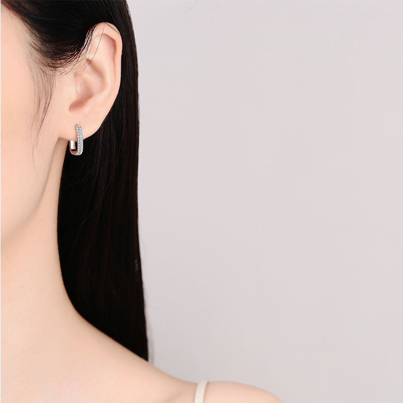 S925 sterling silver earrings with PT950 plating, featuring two rows of Moissanite stones, a sleek square hoop design for elegant, everyday wear.
