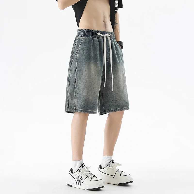 Summer Thin Baggy Mens Denim Shorts Streetwear Fashion Drawstring Loose Casual Wide Leg Knee-Length Short Jeans Retro Blue T250603