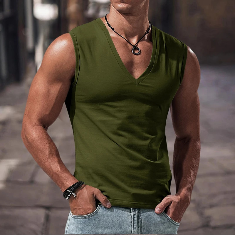 Summer mens solid color Vneck vest casual breathable sleeveless Tshirt suitable for fitness and sports 250527