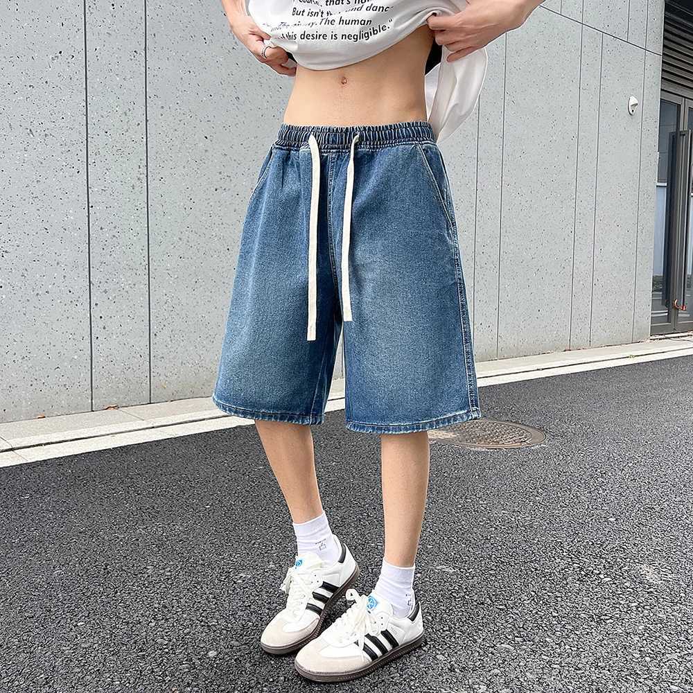 Loose Straight Mens Denim Shorts Summer Fashion Drawstring Design Short Jeans New Streetwear Jogging Solid Color Shorts Men T250603
