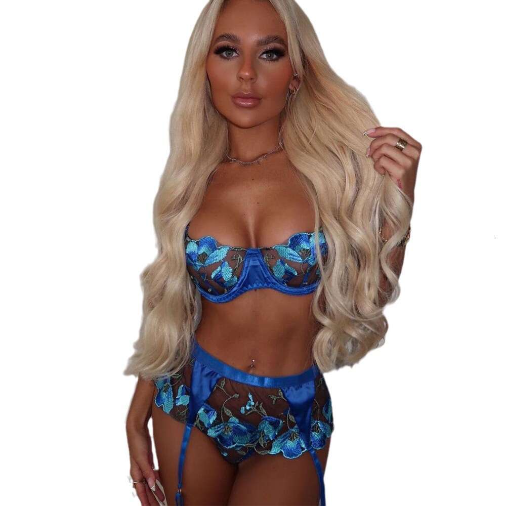 Spell Lingerie Porn Suits INS New Sexy Lingerie Set Floral Embroidery Three Piece With Underwire Saint Blue Goddess Style Sexy Lingerie