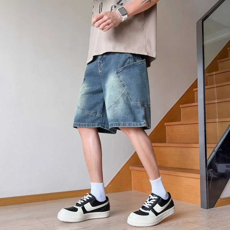 Vintage Denim Shorts Men Summer Thin Fashion Student Korean Casual Loose Big Pocket Wide Short Jeans Male Streetwear T250603
