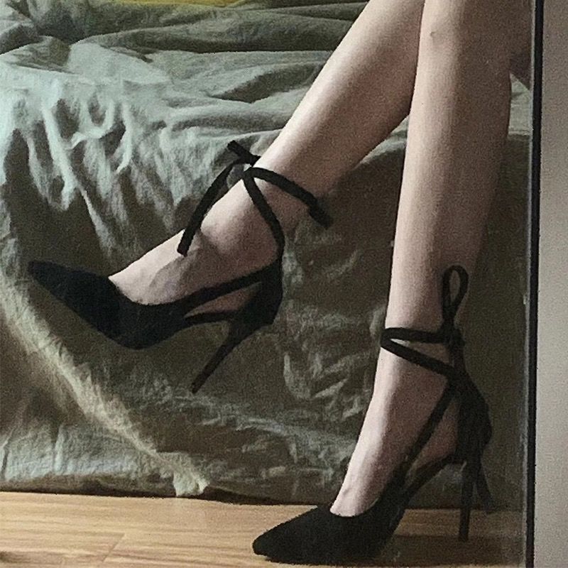 2025 Spring and Autumn New Lace-up Black Stiletto Heels for Women Elegant Socialite Niche Design Adult Dress Shoes