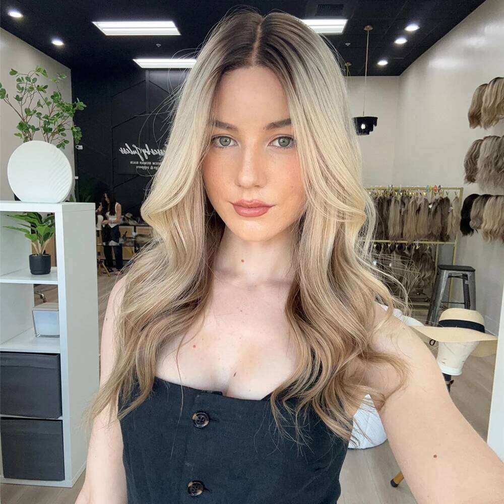 Baby Blonde Balayage Rooty Wavy Classic Long Hairstyle Human Hair Blend HD Invisible Lace Front 13x4 Free Part 26" Wig