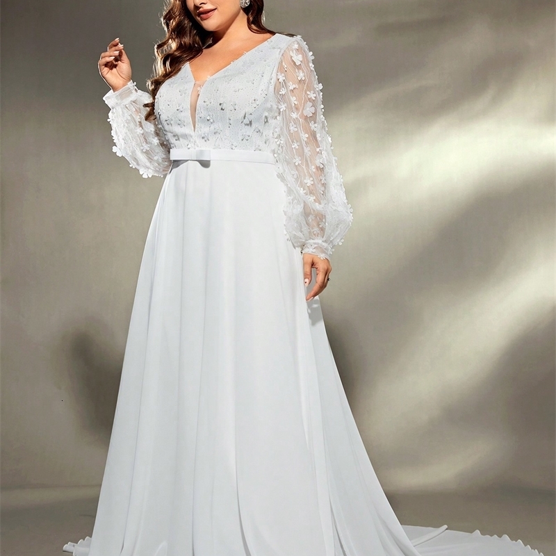Mgiacy plus size Vneck threedimensional embroidery chiffon train wedding dress Evening gown Ball Party 250519