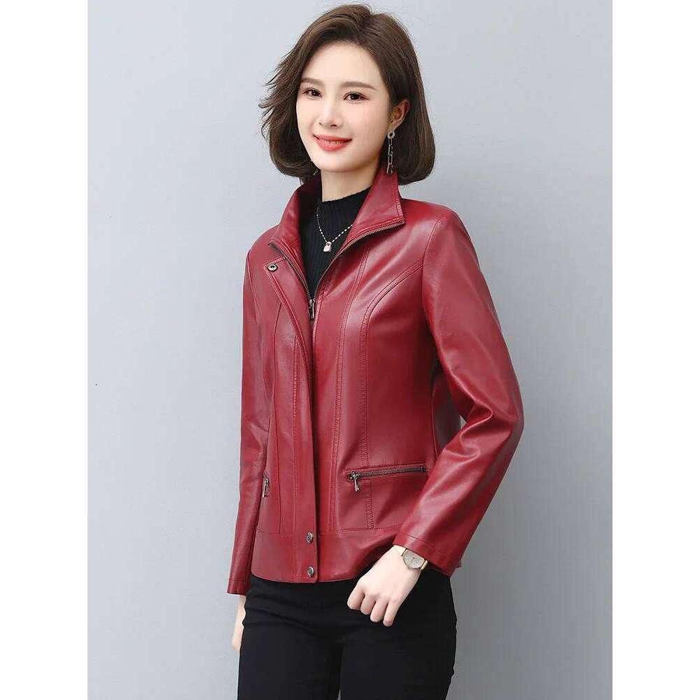 New Women Leather Jacket Autumn Winter Casual Fashion Stand Collar Plus Cotton Lining Slim Short Sheepskin Coat Spring Outerwear