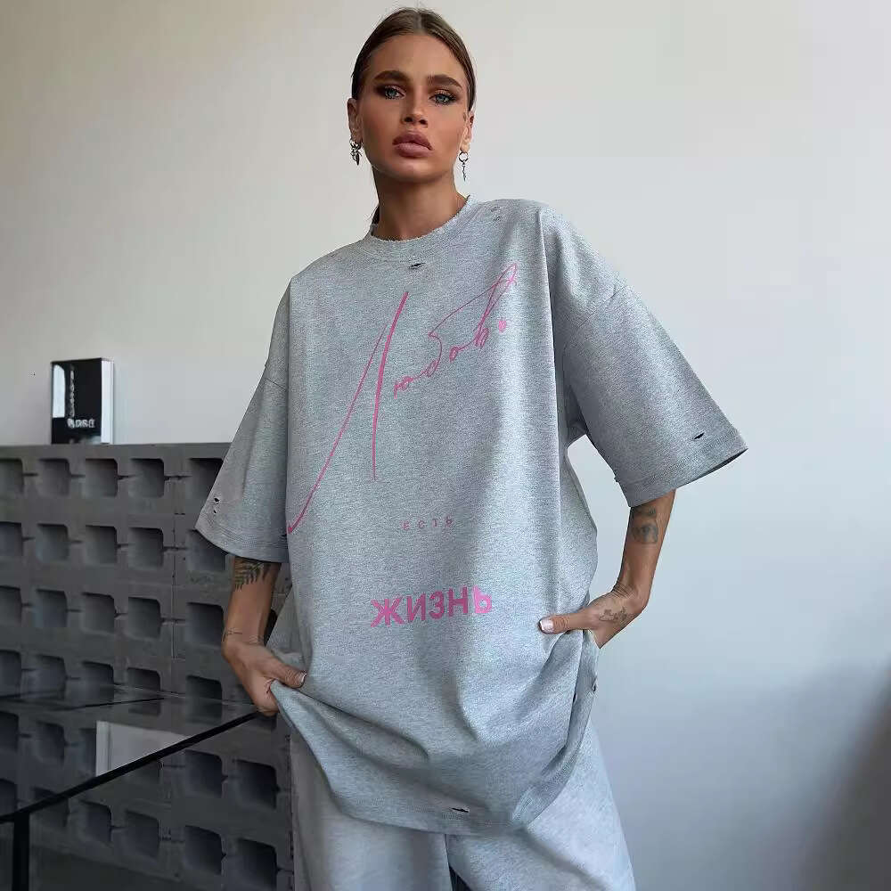 Thirteen Lines New Women's Letter Print Oversize Top Round Neck Drop Shoulder Trendy Versatile Short Sleeve T-Shirt B5