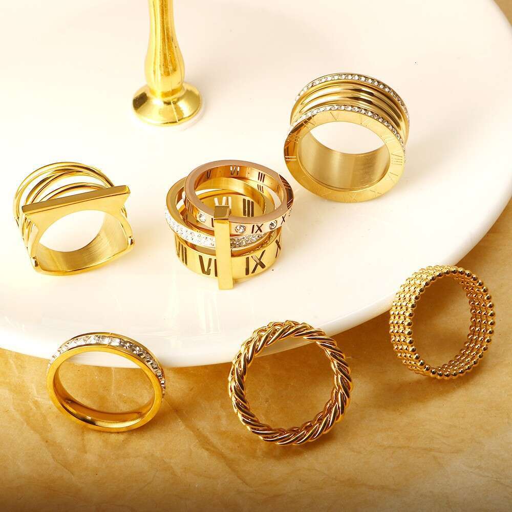 Trendy Personality Stainless Multi-Ring Stacking Gold-Plated Roman Numerals Inlaid Diamond Ring Titanium Steel Jewelry