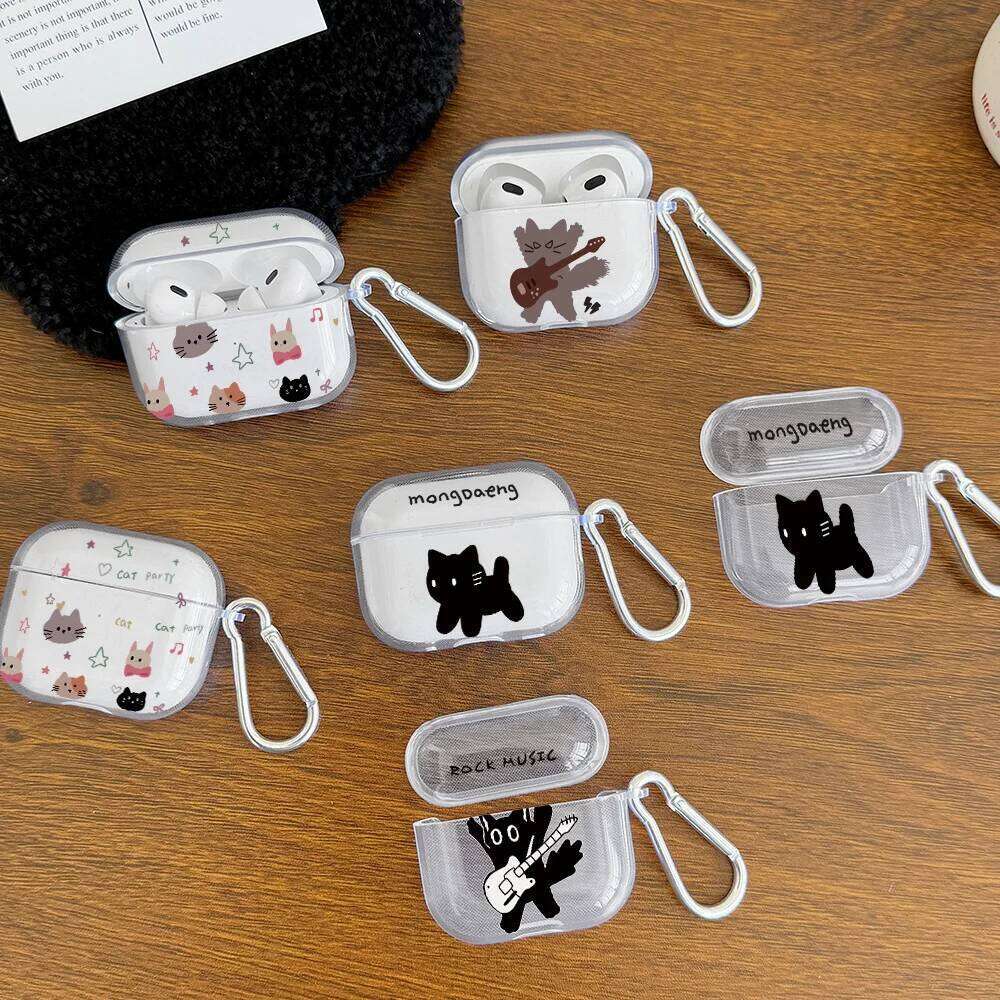 Music Pro2/Pro Cartoon Rock Cat TPU Clear Earphone Case For 4 3 1 2 With Keychain Protective Cover