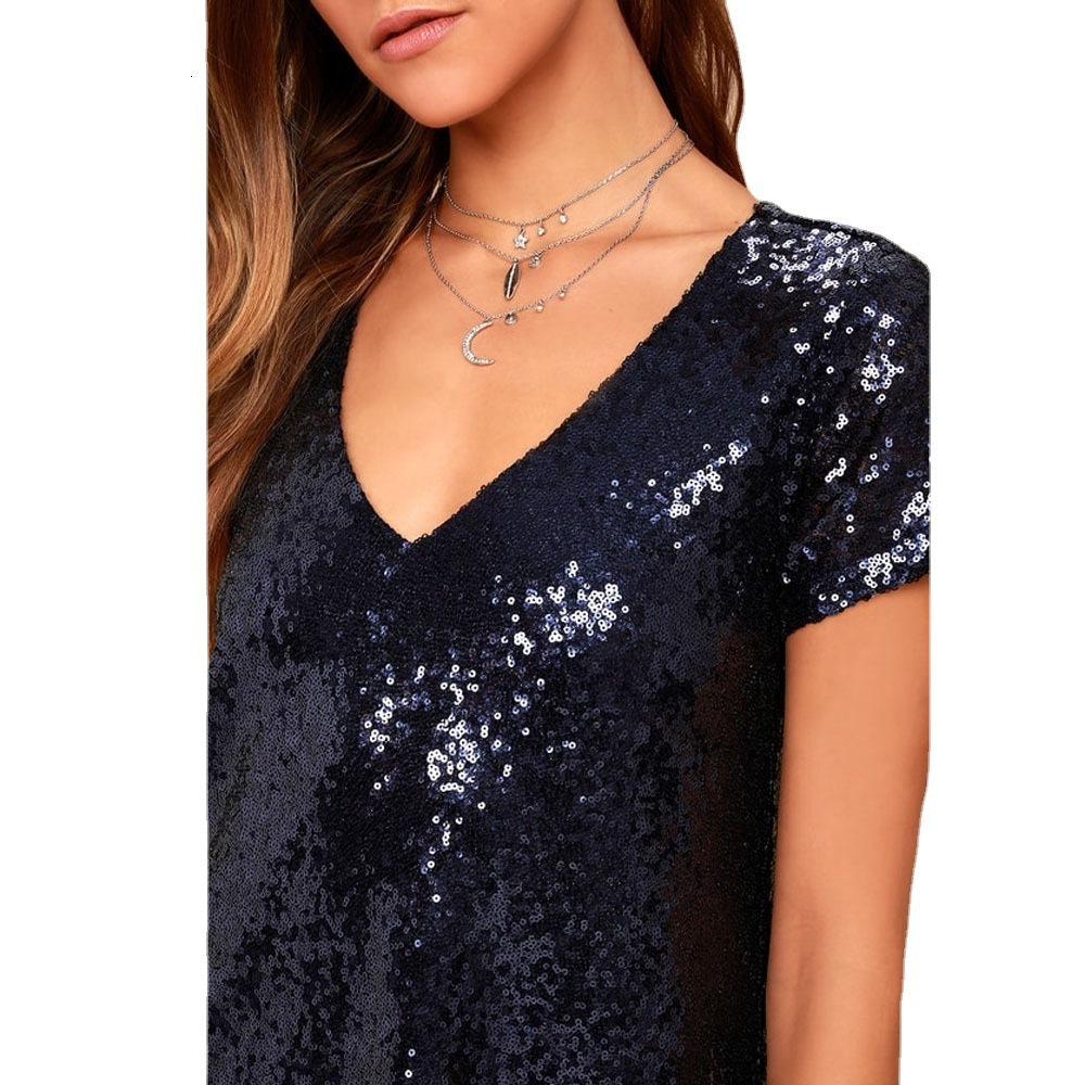 women's wear 2023 Fashion V-neck Short Sleeve Casual Sequin Dress for Women Party Commuting Shiny Style
