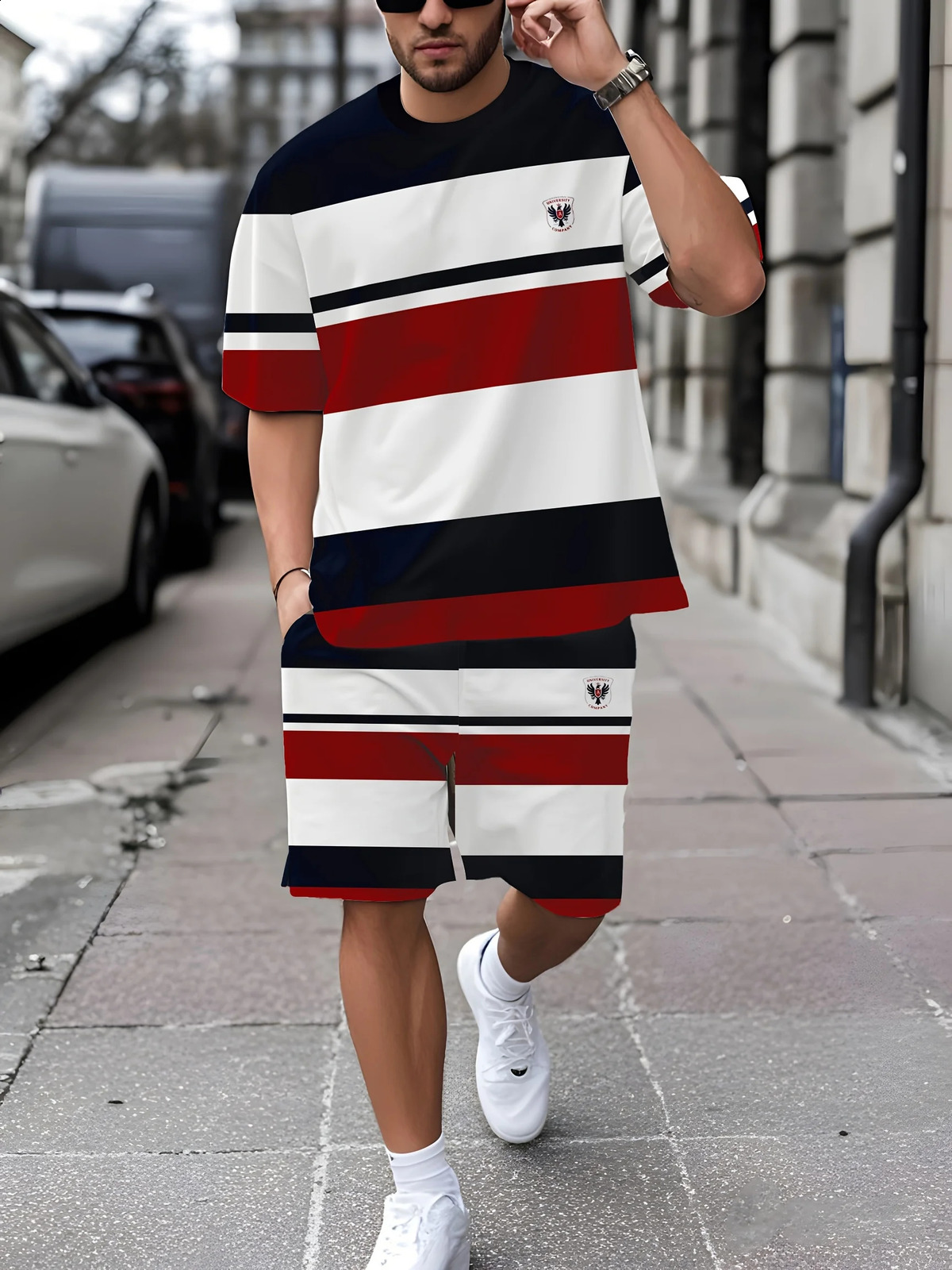 The 2025 summer mens suit is a casual and fashionable striped 3D printed comfortable soft polyester wear 250529Z