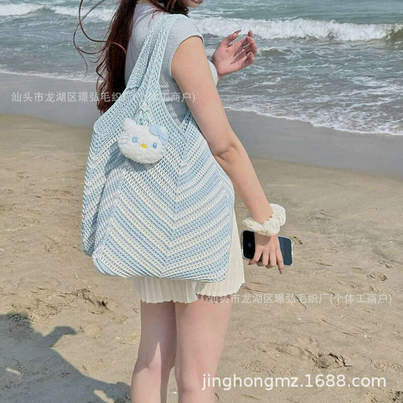 Hollow Knit Bohemian Vacation Beach Tote Color-Block Woven Versatile Shoulder Bag