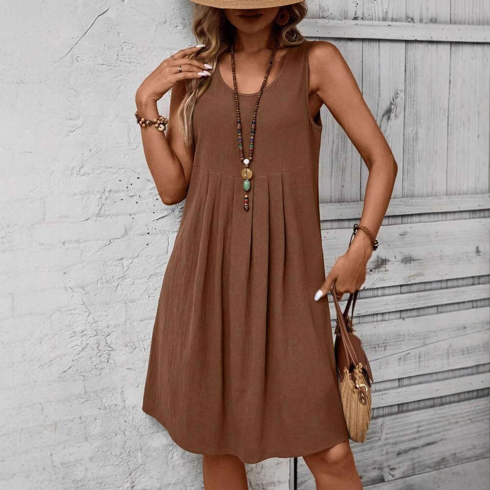Spring Summer New Temu Sleeveless Round Neck Casual Solid Color Cotton Linen Women's Dress B5