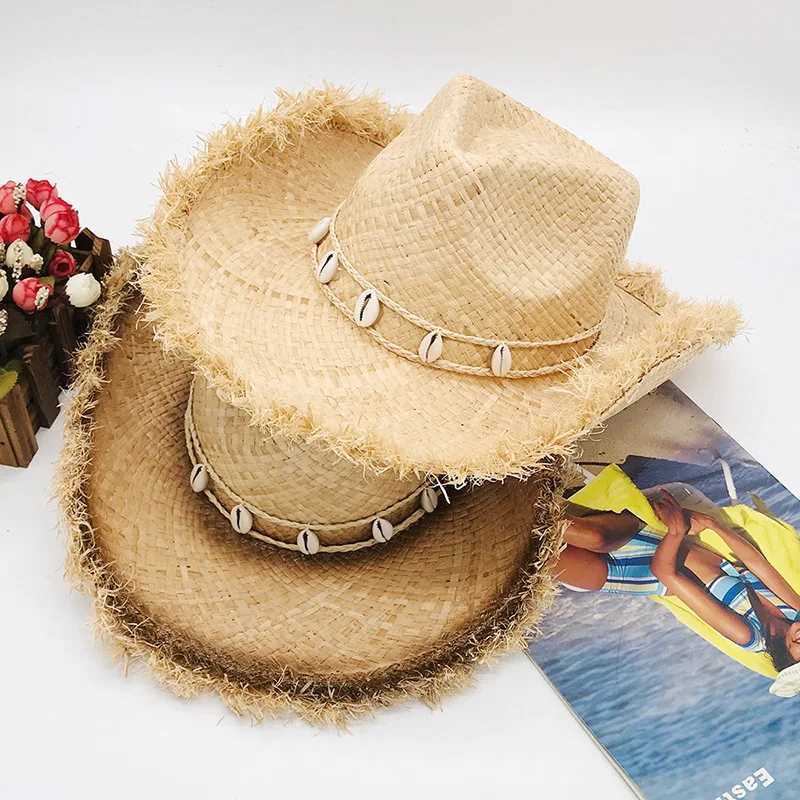 Fringed Wide Brim Straw Hat with Shell Band Panama Hat Cowboy Cowgirl Hat for Men Women Sun Hat Western Style Outdoor Beach Hat W250602