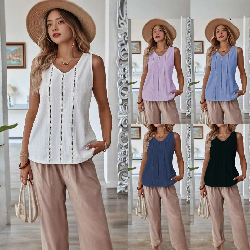 Spring/Summer TEMU Lace Hollow Sleeveless Cotton Linen Casual Solid Color Women's Vest B5