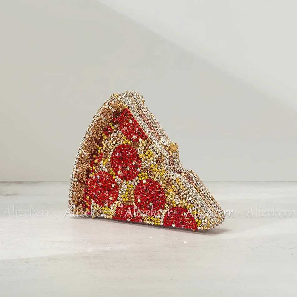 Alizekerr Pizza Shaped Diamond Evening Clutch Bags 2024 New Gorgeous Unique Metallic Watermelon Rhinestone Purses Wedding Party Z250603