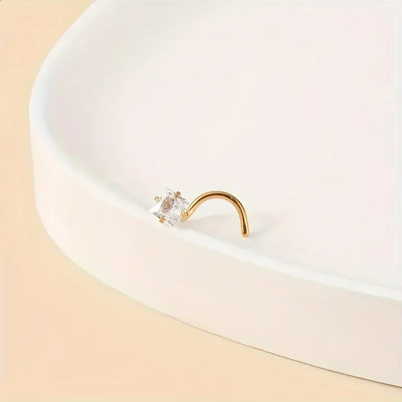 Golden Tone Cubic zirconia Square Nose Stud Simple Glamorous Sparkling Nose Ring Piercing Jewelry Elegant Vacation Style 250530