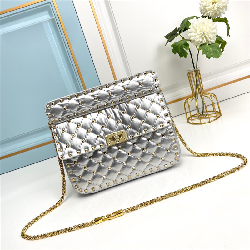 Top quality Brand High Quality New Style Star Style Studded Crossbody Chain Small Square Bag Casual Versatile Lock Shoulder Bag Export New Free Delive