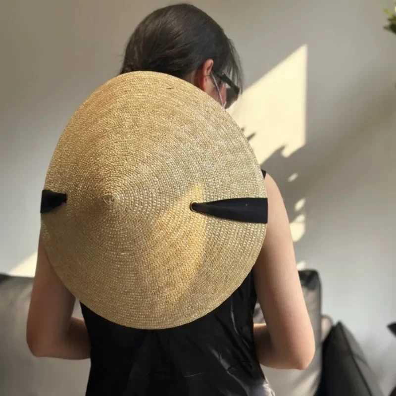 French The Pointed Top Natural Wheat Straw Sun Hats Womens Retro Pastoral Straw Hat Seaside Vacation Lace-up Big Brim Beach Hat W250602