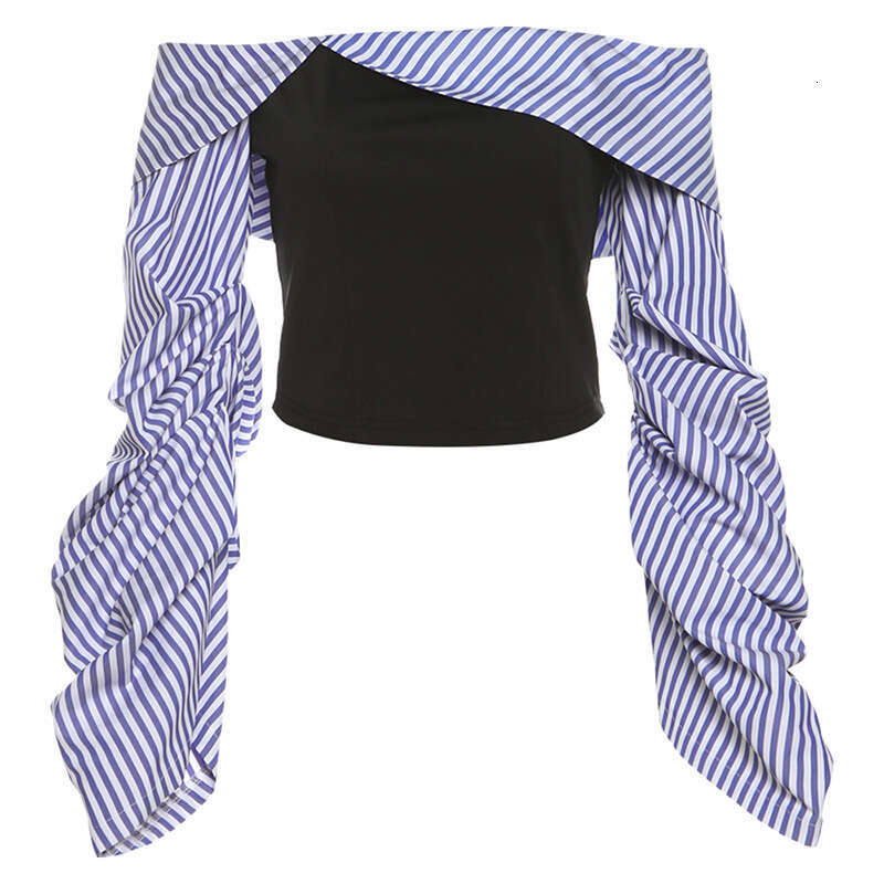 Women's Fashion Summer New Striped Color Block Off-Shoulder Slim Fit Long Sleeve Top B5