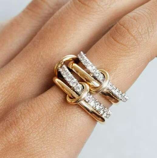 New Stacked Cubic Zirconia Titanium Steel Thick High Gloss Gold and Silver Double Ring