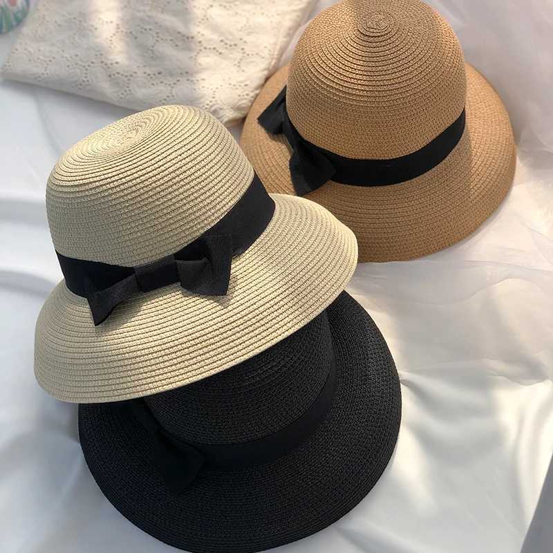Hepburn Bow Ribbon Sun Hat Womens Straw Hat Bucket Hat Color Sunscreen Sun Hat Beach Hat Wholesale W250602
