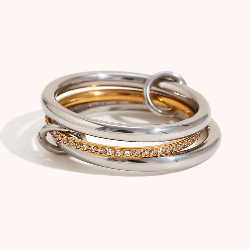 Stainless Stacking Rings High-End Ins Style Titanium Steel Jewelry Multi-Layer Double Color with Diamonds
