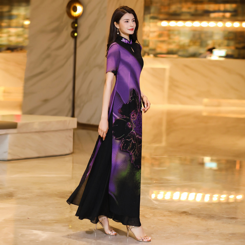 Traditional Floral Patterned Silk-Chiffon Dress for Ladies Casual Elegant Style