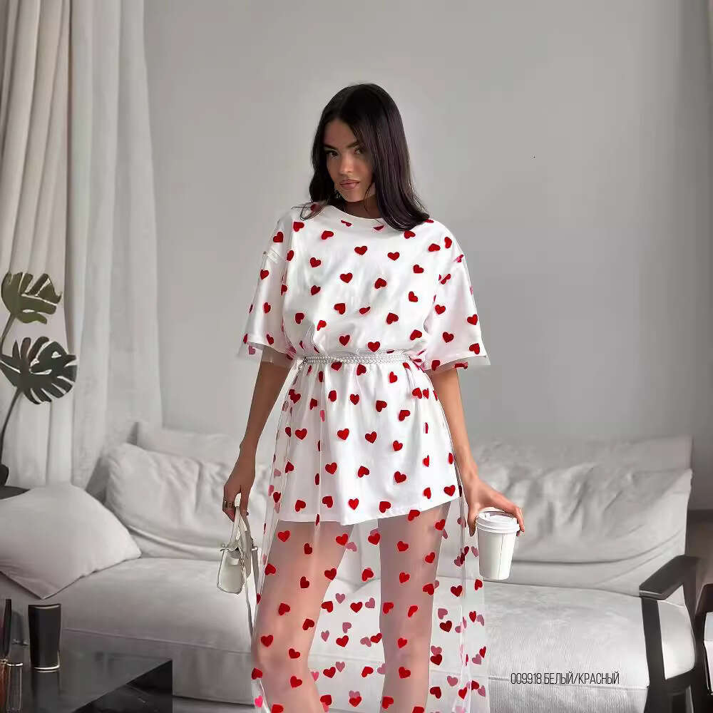 Hot Selling Heart Print Mesh Patchwork Solid Color For Women Spring Summer Breathable Thin Sexy Long Dress B5