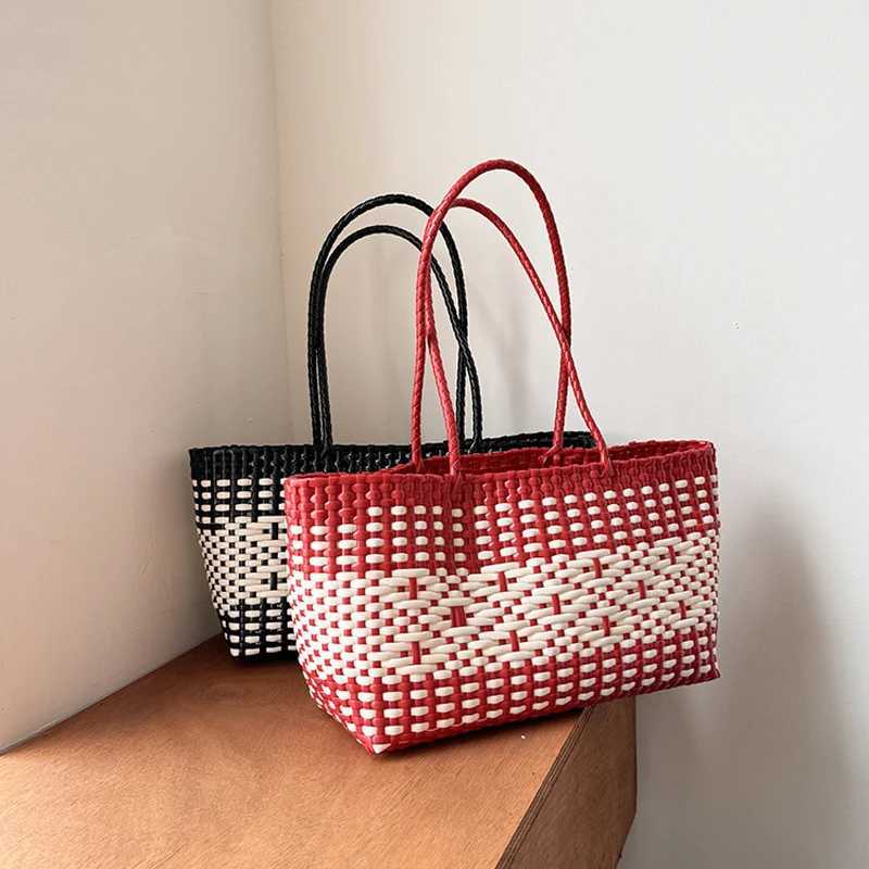 Hylhexyr PVC Vegetable Basket Handbag Waterproof PE Picnic Plastic Woven Tote Shopping Bag Beach Handbags Y250603