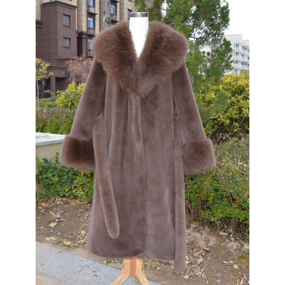 Winter women fake long with belt warm faux fashion 2024 new mink fur coat