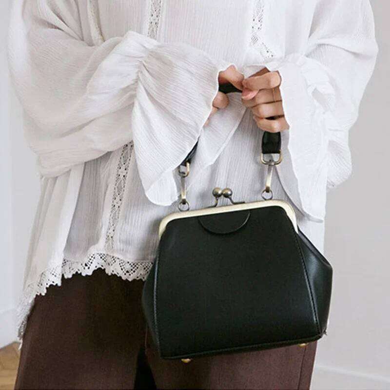 Vintage Women Handbag Kiss Lock PU Clip Female Retro Shoulder Bag Lady Purse Black Leather Messenger Bags
