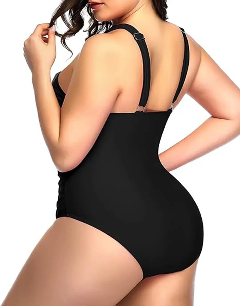 2024 Summer Women Plus Size Swimsuits Front Cross Tummy Control Black Sexy Swimwear Backless Bathing Suit 250528Z