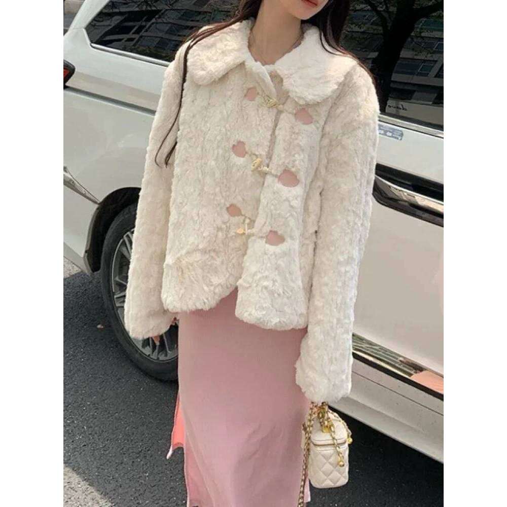 Sweet Pink Patchwork Faux Fur Jacket Loose Horn Button Thicken Coat Women's Winter Coats Plush Warm Outerwear Female Clothes
