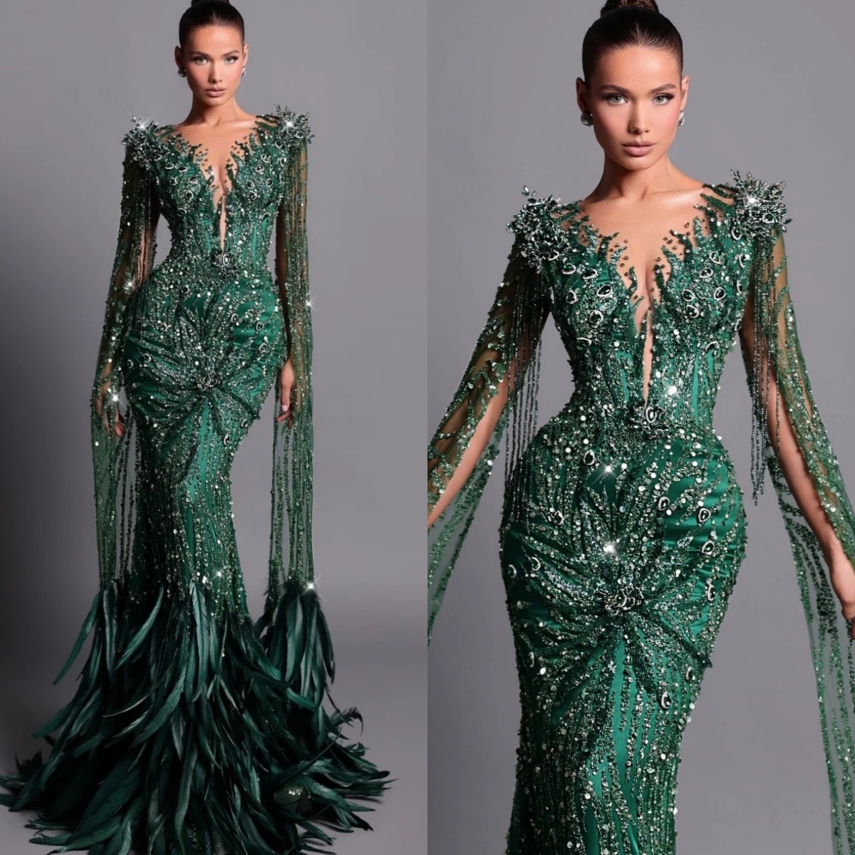 Exquisite Crystal Evening Dresses Sequins Feather Prom Dress Tassel V Neck Long Sleeves Rhinestone Mermaid Party Gowns Vestidos De Noche