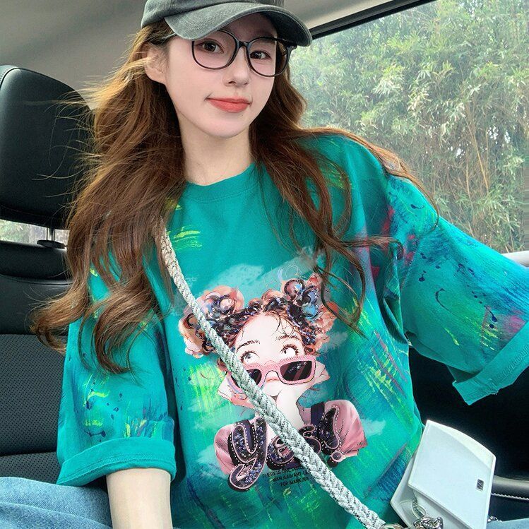 2025 Summer New Women's T-shirt Unique and Interesting Graffiti Printed Loose Cotton Women's T-shirt Fashion Inkjet Designer Medium length S