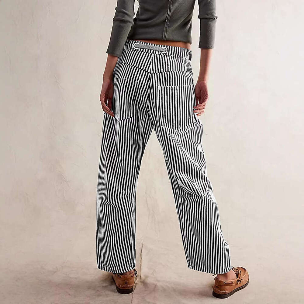 Mid-Waist Fashion Commuter Casual Loose Wide-Leg Striped Patchwork Drawstring Pocket Pants B5